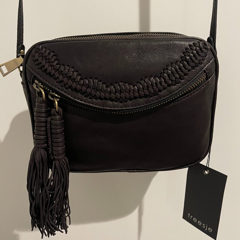Treesje Feather Purse FR8068 BLACK Long Shoulder CROSSBODY Straps Zipper Small